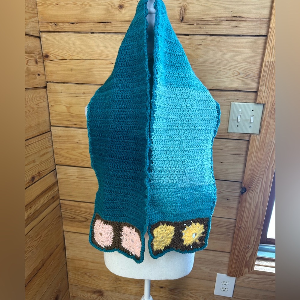 Vintage‎ Handmade Teal Crochet Scarf Floral Details Ling 50”